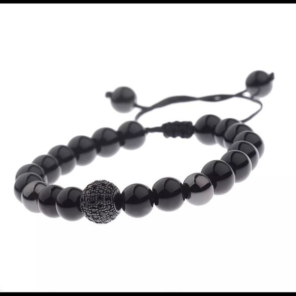 Men’s Black Beaded Bracelet With Black CZ - Picture 4 of 6